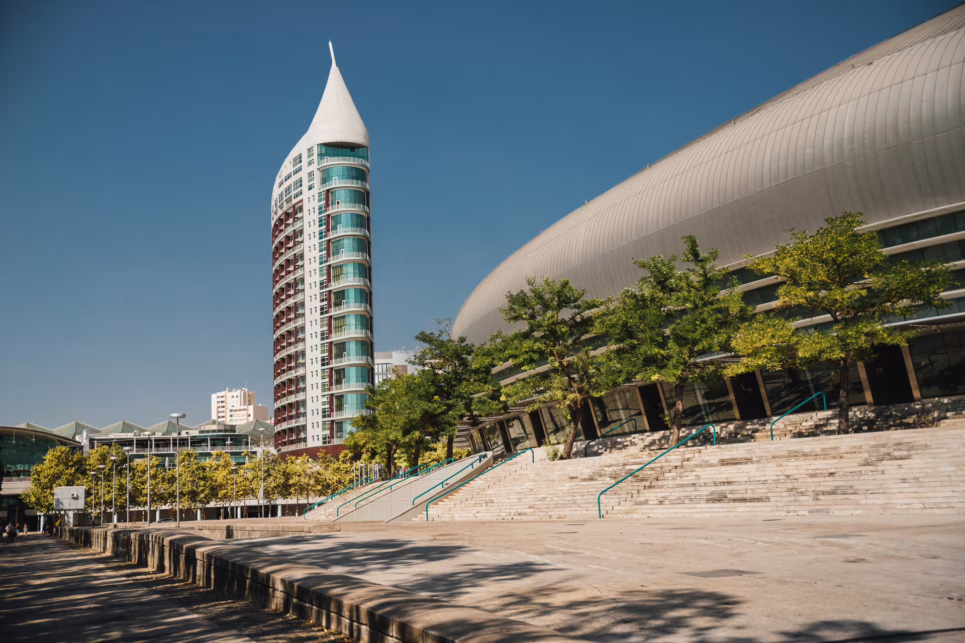 Modern architecture featuring the striking São Gabriel Tower in Lisbon's Parque das Nações area.