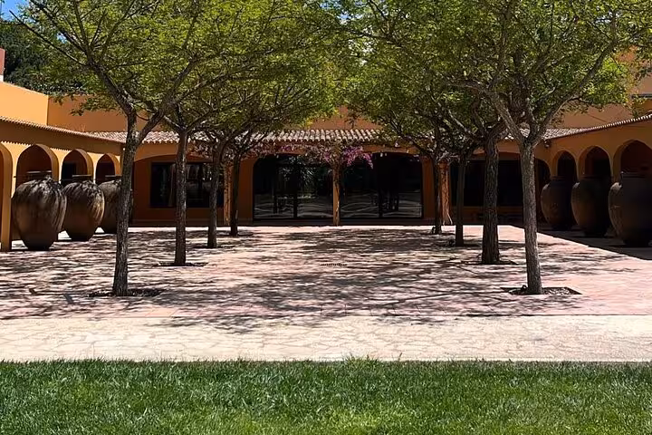 Shaded vineyard estate courtyard near Lisbon, stop on all-inclusive wine and food tasting tour in Portugal