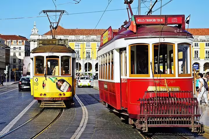 Lisbon vintage tram in Praça do Comércio, starting point for private customizable Évora day trip with local