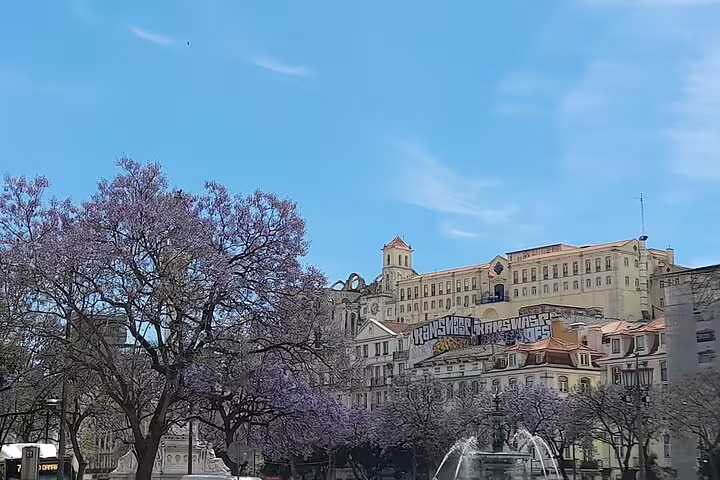 Scenic view of Lisbon's historic architecture with blooming jacaranda trees, ideal for a walking tour.
