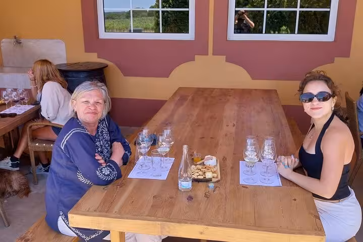 Guests enjoy premium Lisbon wine tasting with paired snacks at a winery terrace on all-inclusive tour