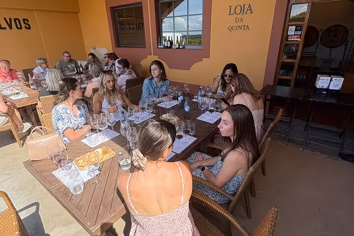 Group wine tasting at a Lisbon-area quinta winery shop, sampling Portuguese wines with food pairings included