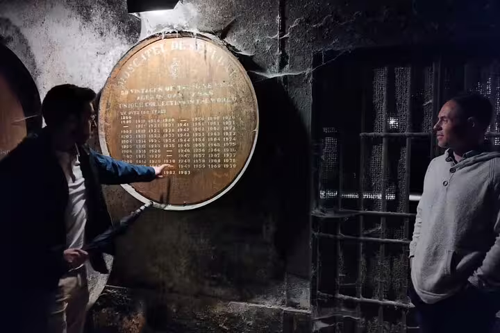 Two people engaged in a wine tasting session at a historic cellar in Sesimbra during a private tour and tiles painting workshop.