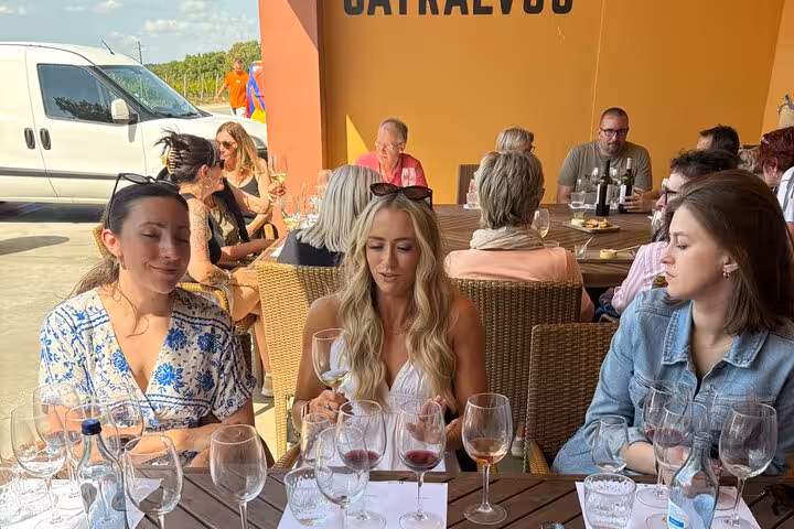 Guests enjoy premium Portuguese wine and food tasting at a Lisbon wine tour winery terrace, all-inclusive