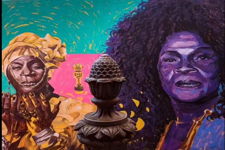 Colorful mural art in Little Africa, Rio, depicting vibrant Afro-Brazilian culture and heritage with expressive portraits.