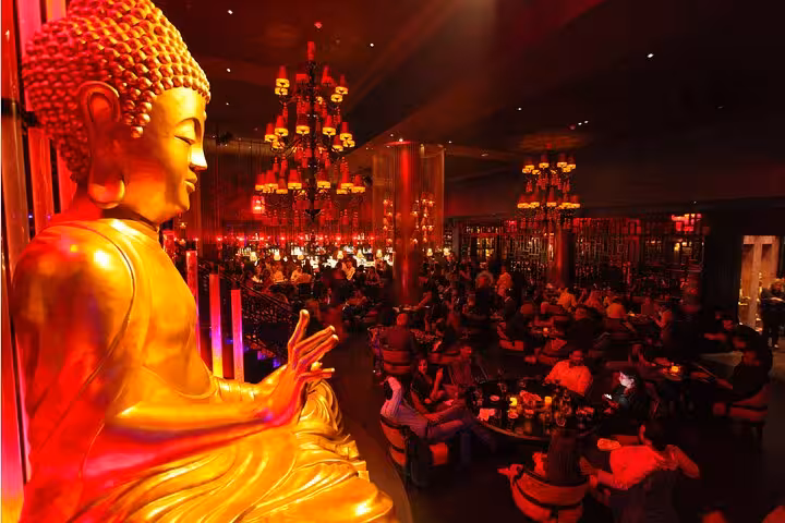 Golden Buddha statue overlooking Little Buddha Hurghada nightclub, night out tour includes entrance and transfer