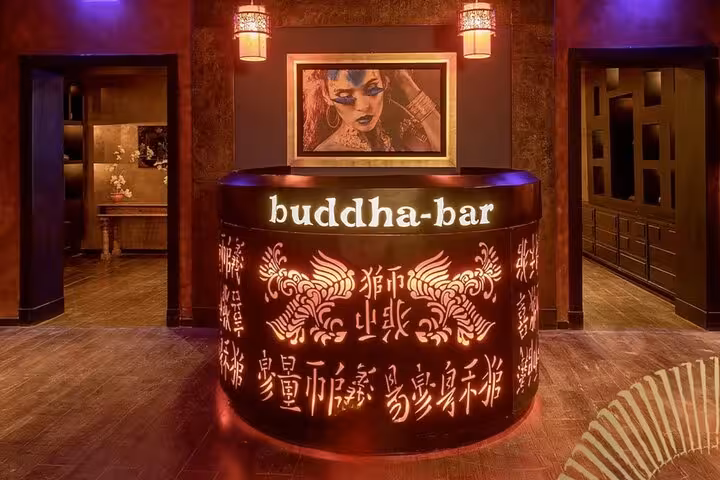 Buddha-Bar style reception desk at Little Buddha Hurghada, included entrance and transport from Hurghada