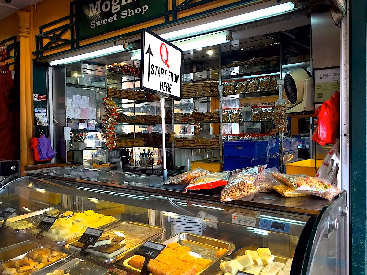 Exterior of a traditional sweet shop in Little India, Singapore, inviting visitors to explore local culinary delights.