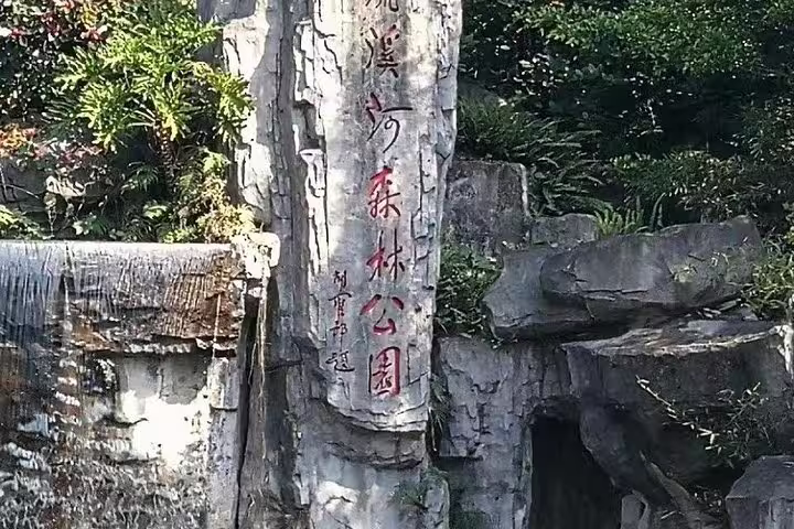 Engraved stone at Liuxihe National Forest Park entrance surrounded by lush greenery, perfect for Guangzhou day tours.