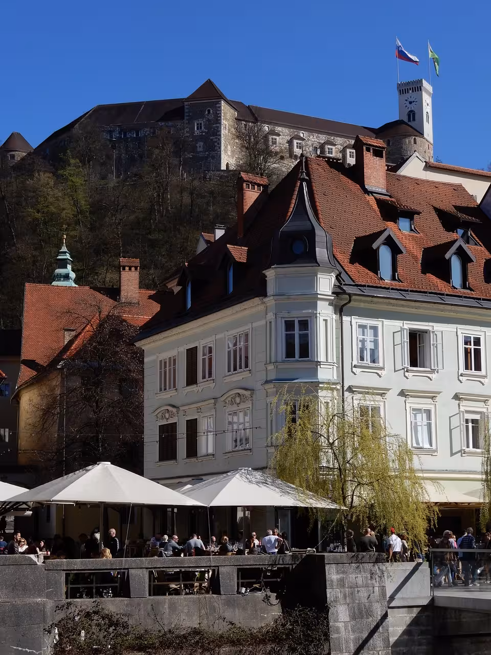 Ljubljana Castle above Old Town rooftops and riverside terrace cafes, key stop on Ljubljana & Lake Bled highlights