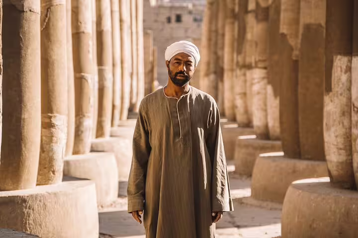 Local guide in traditional dress among Karnak Temple columns, Luxor on 5 days 4 nights Cairo to Luxor tour