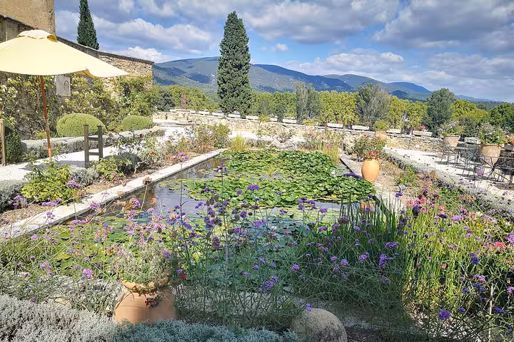 Luberon village garden with lily pond and lavender flowers on private day trip from Arles, Provence