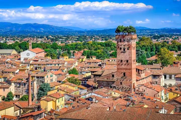 Panoramic view of Lucca with the iconic Guinigi Tower and its rooftop trees, surrounded by historic architecture and mountains.
