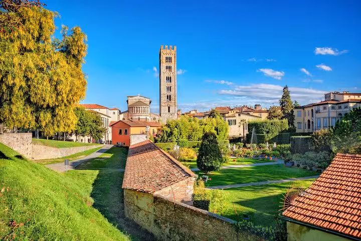 Vibrant garden and historic architecture in Lucca, highlighting the Basilica of San Frediano under a clear blue sky.