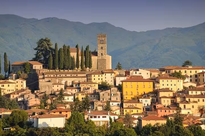 Charming hillside view of Lucca with historic architecture and cypress trees, part of the full day tour experience.