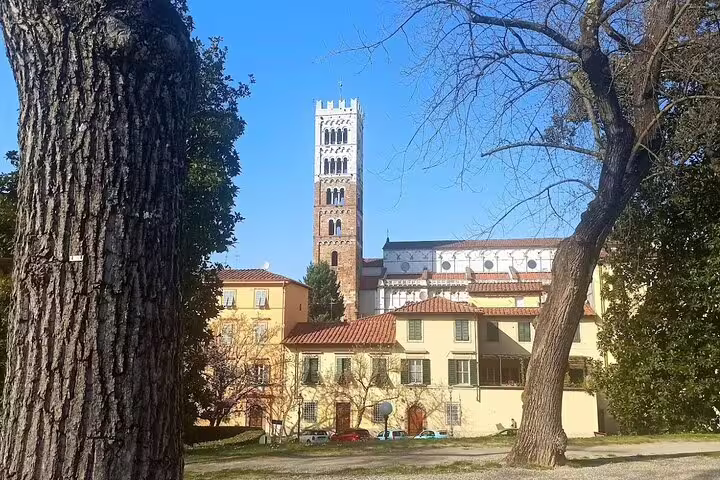 Historic Lucca skyline with medieval bell tower and pastel houses seen on a sunny Pisa & Lucca private shore excursion