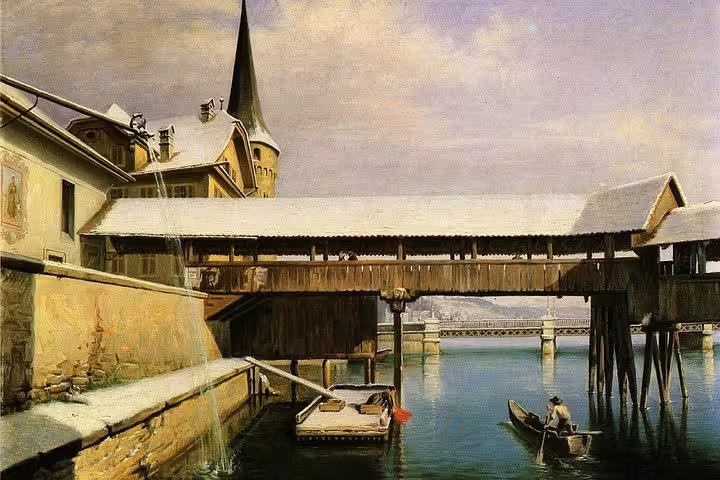 Historic painting of Lucerne's snow-covered Chapel Bridge over Reuss River, featuring a boatman under the bridge.