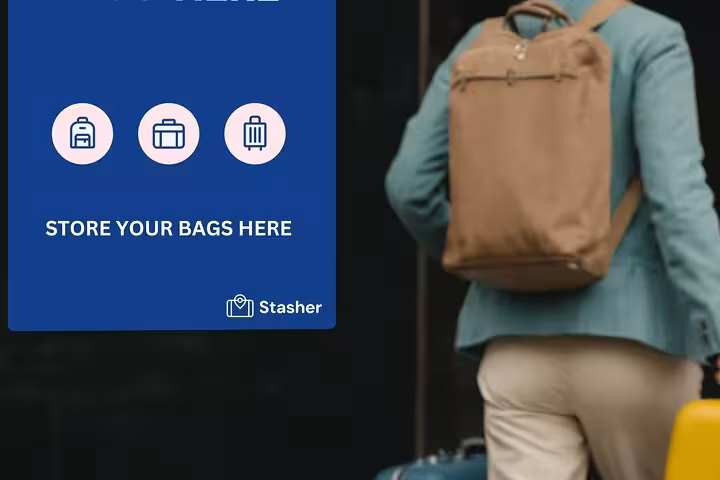 Traveler with backpack beside “Store your bags here” sign for convenient luggage storage near Musée des Arts et Métiers