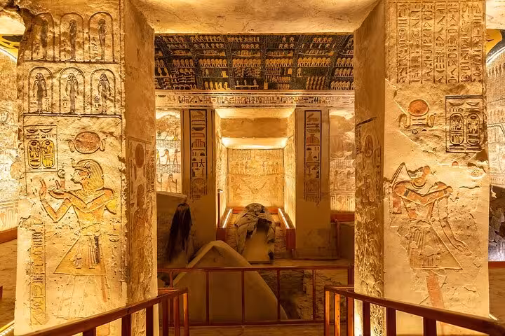 Ancient Egyptian tomb chamber with hieroglyphs in Luxor, visited on 2-day private tour from Hurghada