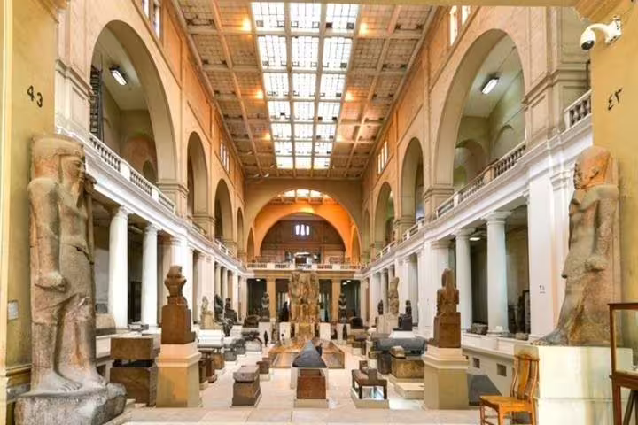 Egyptian Museum main gallery in Cairo visited after overnight Luxor to Cairo VIP first class train ride