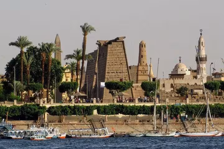 Luxor East Bank skyline and Nile feluccas on day excursion from Hurghada, Makadi Bay, Safaga and El Gouna
