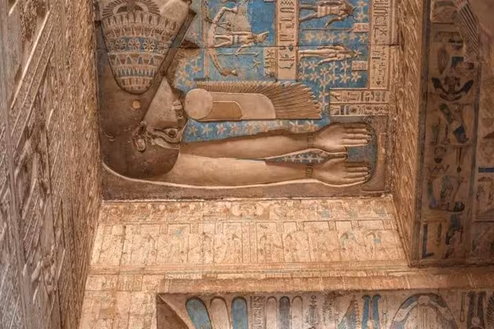 Ceiling relief with winged goddess and hieroglyphs in Luxor, featured on 2-day private Luxor and Dendera tour from Hurghada