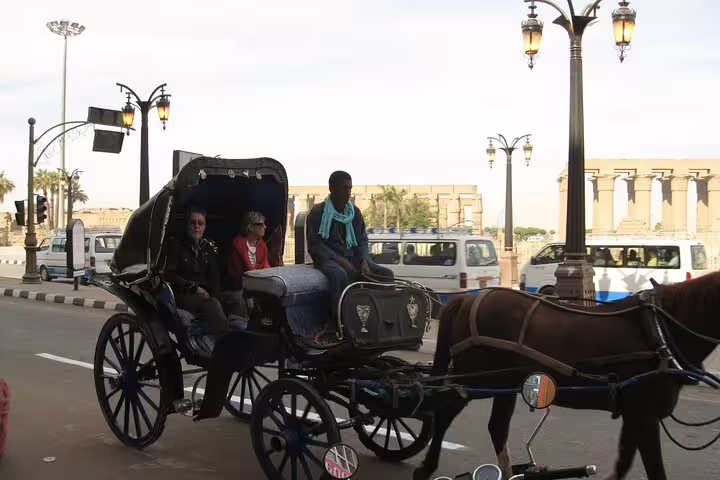 Horse-drawn carriage tour passing Luxor Temple columns on the West Bank, Egypt sightseeing ride
