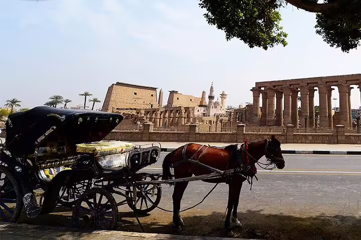 Horse carriage on Luxor West Bank with ancient temple ruins, scenic city tour ride along Nile road