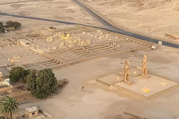 Aerial view of Luxor West Bank temples at sunrise, seen on hot air balloon ride with hotel pickup