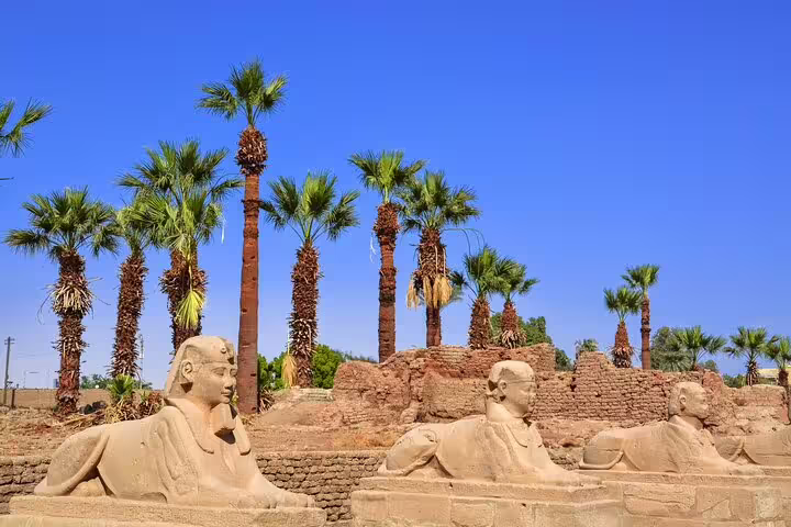 Restored sphinx statues and palm-lined ruins near Luxor temples, scenic stop on East and West Bank Nile tour