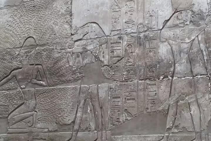 Ancient Egyptian hieroglyphs carved on Luxor temple wall, seen on private Hurghada to Luxor tour