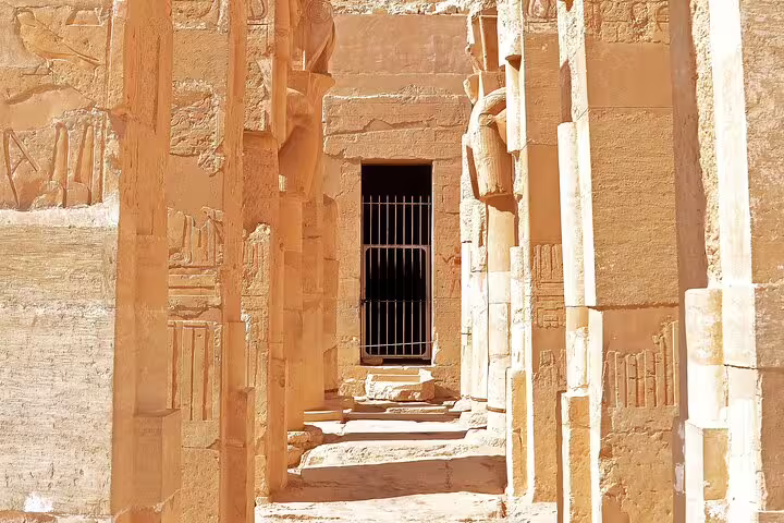 Sunlit corridor with hieroglyphs at Luxor Temple, Egypt, on 3 days 2 nights Luxor package from Cairo by VIP train
