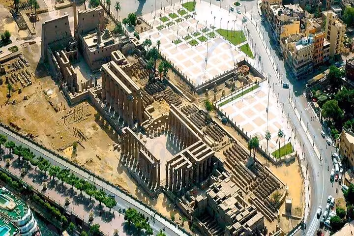 Aerial view of Luxor Temple near Nile Corniche, key stop on a 3-hour private Luxor horse carriage city tour