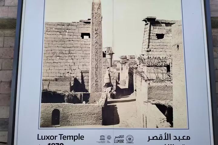 Luxor Temple historical photo display with obelisk, featured on 12-day Egypt Cairo pyramids Nile cruise tour