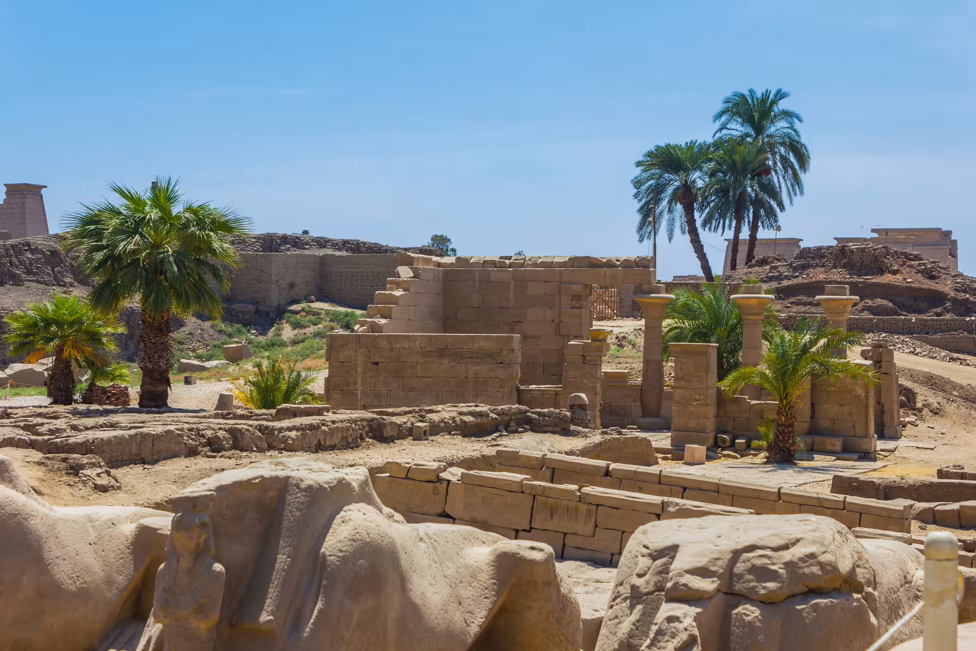 Ancient ruins and palm trees at Luxor Temple complex on Hurghada to Luxor Valley of the Kings tour