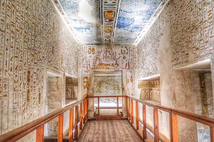 Painted hieroglyphic tomb corridor in Luxor West Bank, included on 9-day Egypt Cairo tour and Nile cruise itinerary