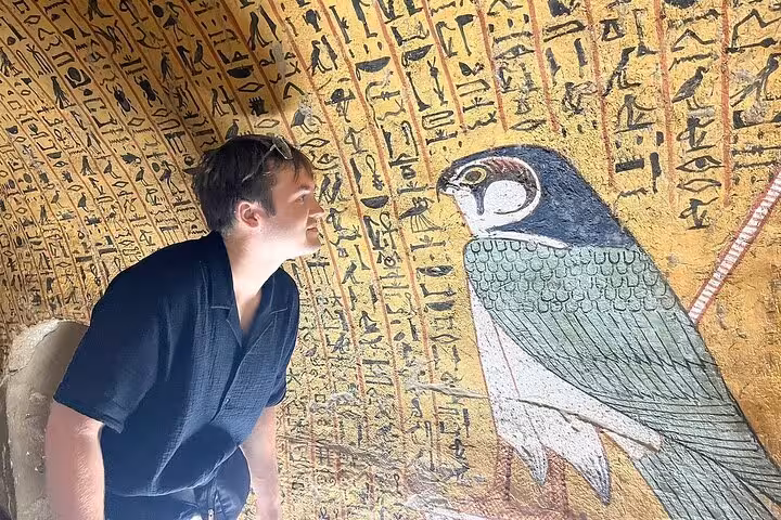 Discover ancient Egyptian hieroglyphs and vibrant falcon artwork in a Luxor tomb on a guided West Bank tour.