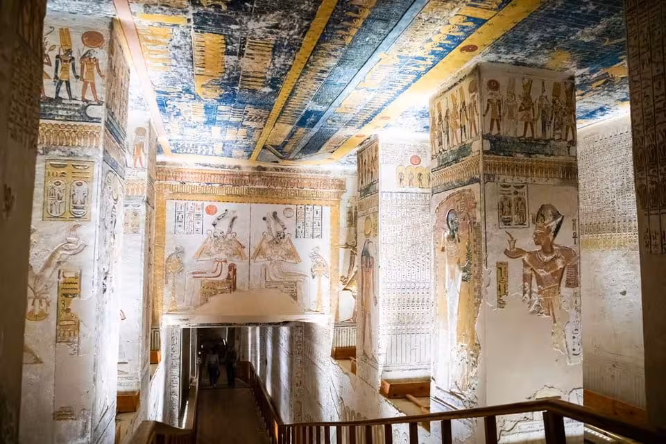 Painted tomb interior with hieroglyphs in Luxor, a highlight of Cleopatra’s Egypt 5-star Nile cruise tour