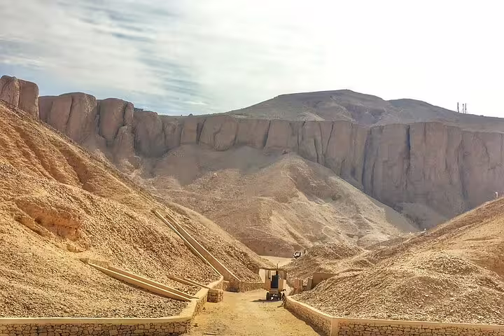 Desert entrance path in Luxor Valley of the Queens, stop on day tour by bus from Hurghada, Egypt