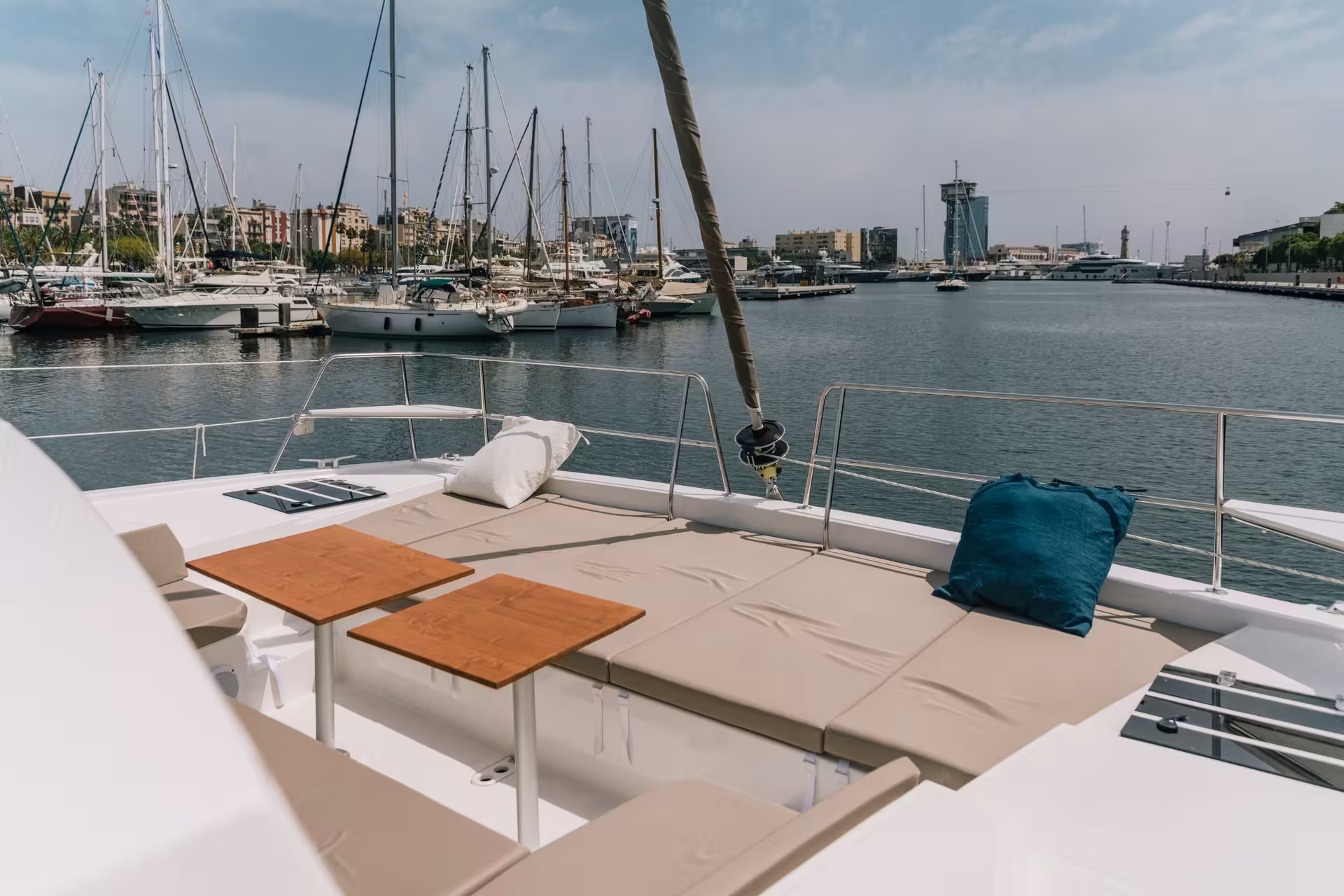 Luxury Bali 4.1 catamaran sun deck in Port Vell, Barcelona, on a 2-hour private sailing charter