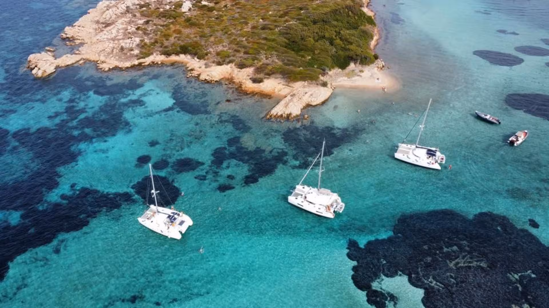Aerial view of catamarans anchored near an island in La Maddalena's turquoise waters.