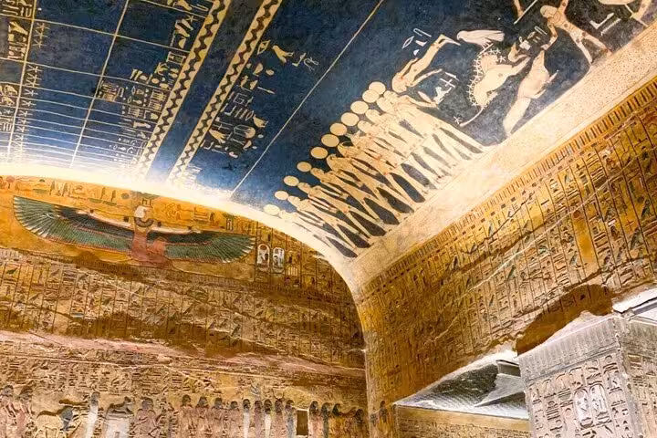 Ancient Egyptian temple ceiling hieroglyphs on luxury Dahabiya Nile cruise to Abu Simbel 5 days 4 nights
