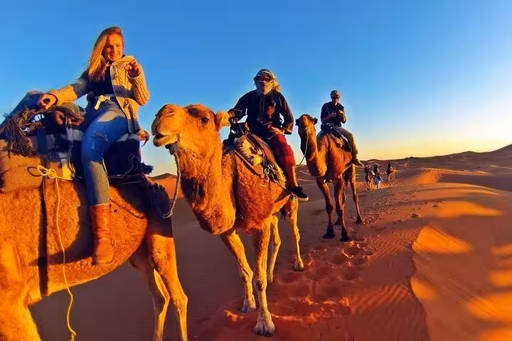 Travelers on a camel caravan trek through the stunning golden dunes of Merzouga during a luxury desert tour.