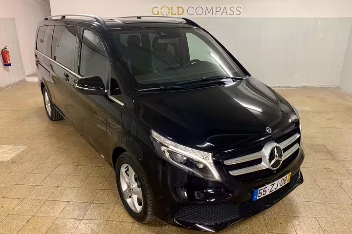 Luxurious black Mercedes van for Sintra, Cabo da Roca, Cascais, and Estoril private panoramic tour, offering comfort and style.