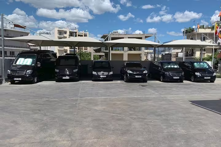 Luxury black minivans ready for Athens to Cape Sounion Sunset Private Tour with comfortable private transfer