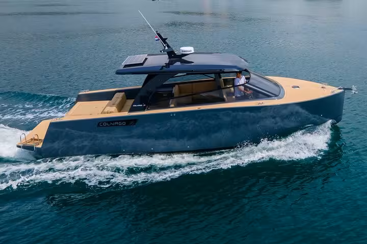 Luxury private speedboat cruising on the Adriatic Sea, Croatia, ideal for island-hopping boat tour charter