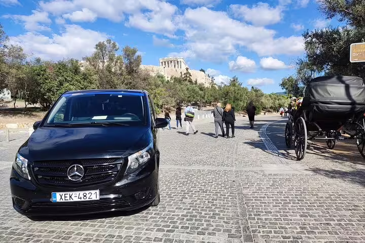Private luxury van pickup near Acropolis, Athens, for Best of Athens half-day private tour with driver-guide