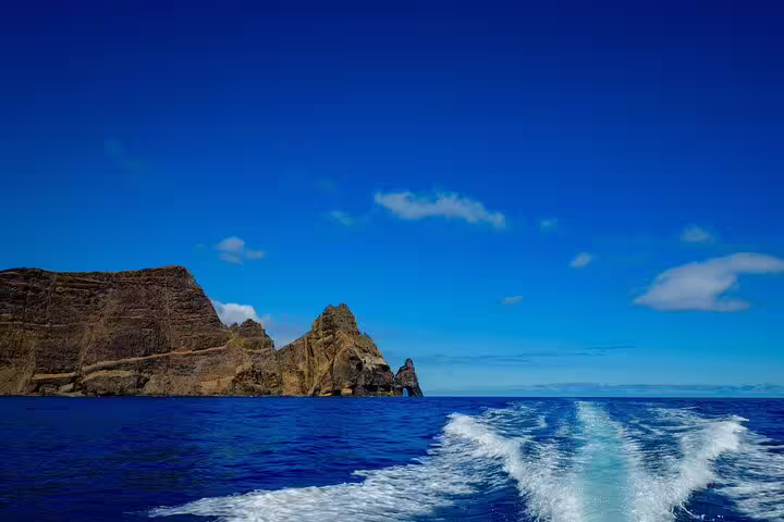 Boat cruising near dramatic cliffs under clear blue skies in Madeira, showcasing adventure and natural beauty on the 4x4 and hiking tour.