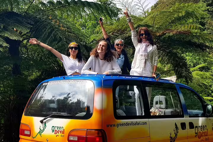 Group enjoying a vibrant 4x4 open-top safari tour amidst lush greenery on the Madeira Peaks full-day adventure.