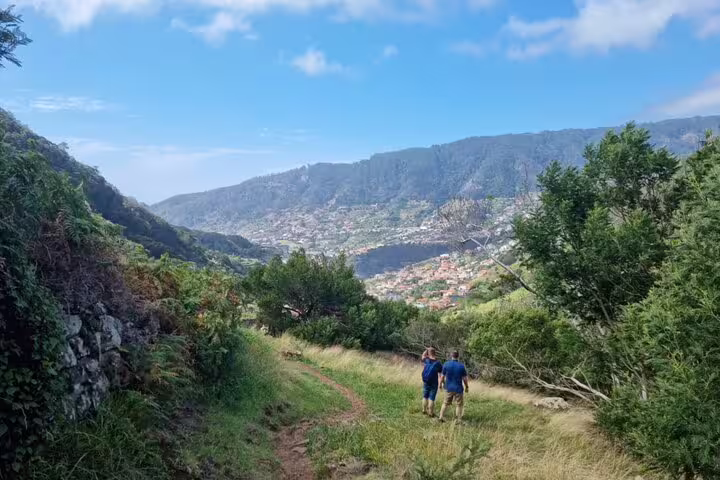 Hikers enjoying scenic views on the Porto da Cruz to Machico trail in Madeira, surrounded by lush greenery and mountains.